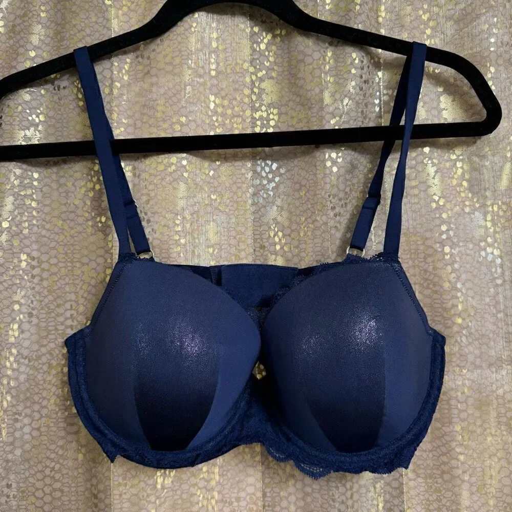Victorias Secret Navy Blue Shimmer Sparkle Dream Angels Lined Demi Bra 34DD